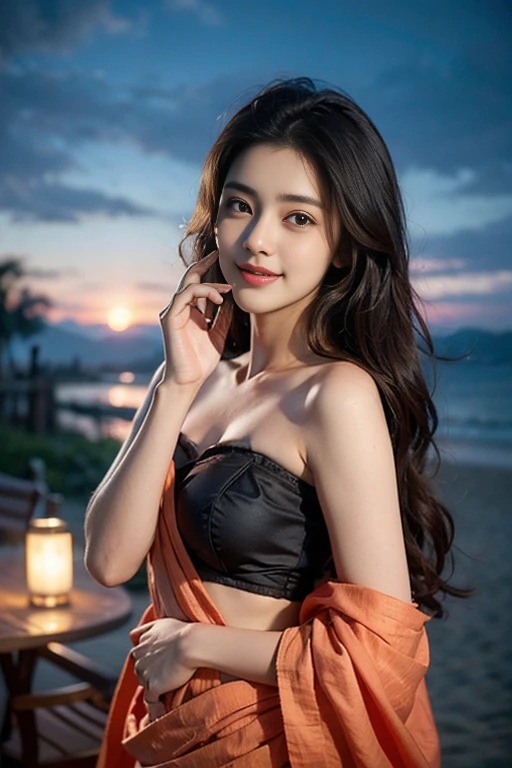 One lady、((best qualtiy、8k masterpieces:1.3))、foco nítido:1.2、(ultra beautiful faces:1.0)、(shinny skin:1.0)、photos realistic、A dark-haired、Video Lighting、High-definition eyes and face、Video Lighting、(Korean Cute Actress)、from the front side、medium breasts、Smile、Slender Abs Beauty、Whole body、wearing t-shirts、On the beach at night