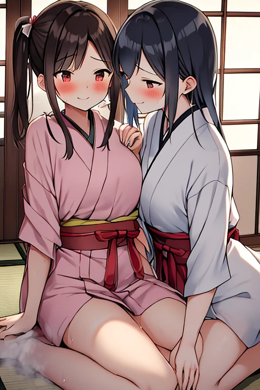 masterpiece, Highest quality, Ponytail sisters，Sexual conduct，Half naked，Japanese clothing，Unbuttoned，Squirting，In heat，Masturbating，orgasm，Lesbian