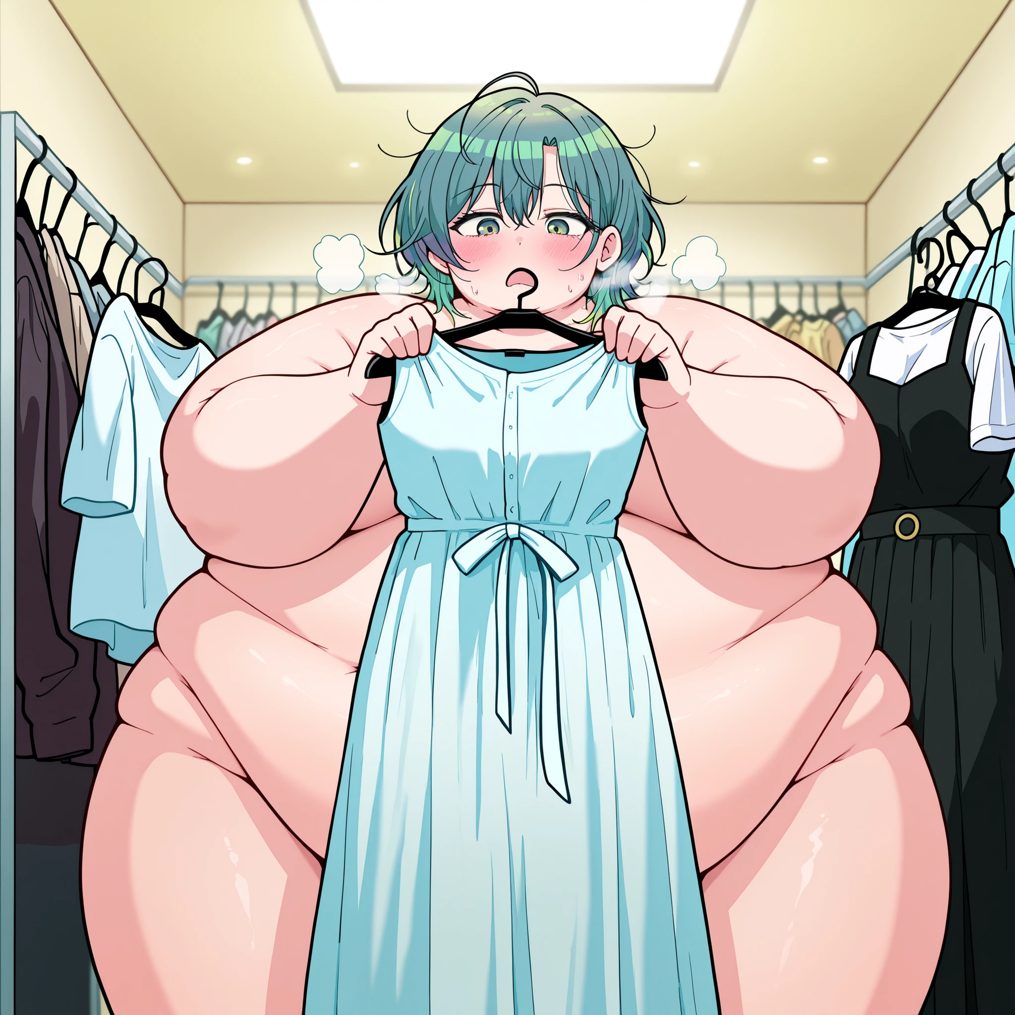 masterpiece, best quality, amazing quality,, 1 girl, solo,  , green hair, multicolored hair, green eyes, messy hair, hagakure toru,, mature female, breasts, anime screencap,,  holding clothes hanger, clothes hanger, clothes in front, holding, blush, unworn dress, holding unworn dress, completely nude, looking down, cowboy shot, , ,fat, chubby, obese, gigantic arms and legs, large breasts open mouth, out of breath