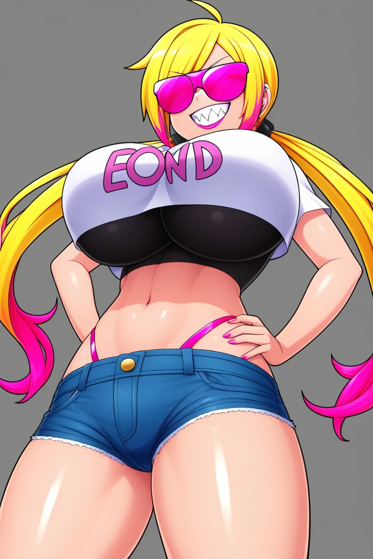 modern anime, high quality, ultra detailed,
young lady, pretty face, huge tits, bun hair, wide hips, tight pants, straps, strips, books, pressing boobs against, pointy ears,
th3p1t,
b1mb0,
starlight, star,
Magic Circle,
 pikkyharleyquinn enormous breasts, blonde hair, multicolored hair, blue hair, pink hair, twintails, long hair, bangs, red lips, choker, shorts, pantyhose, jacket, makeup, lipstick, belt, shirt, tattoo, jersey, raped t-shirt, torn clothes, multicolored clothes, torn pantyhose, multicolored jacket, short shorts,