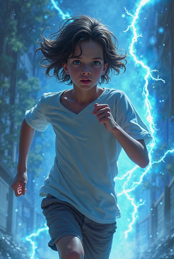 a boy flying with lightning around him