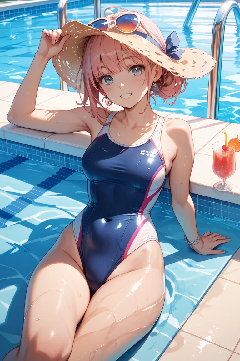 Make an anime girl in a swimsuit on the beach drinking lemonade, sitting on a chair, with an umbrella that gives shade.