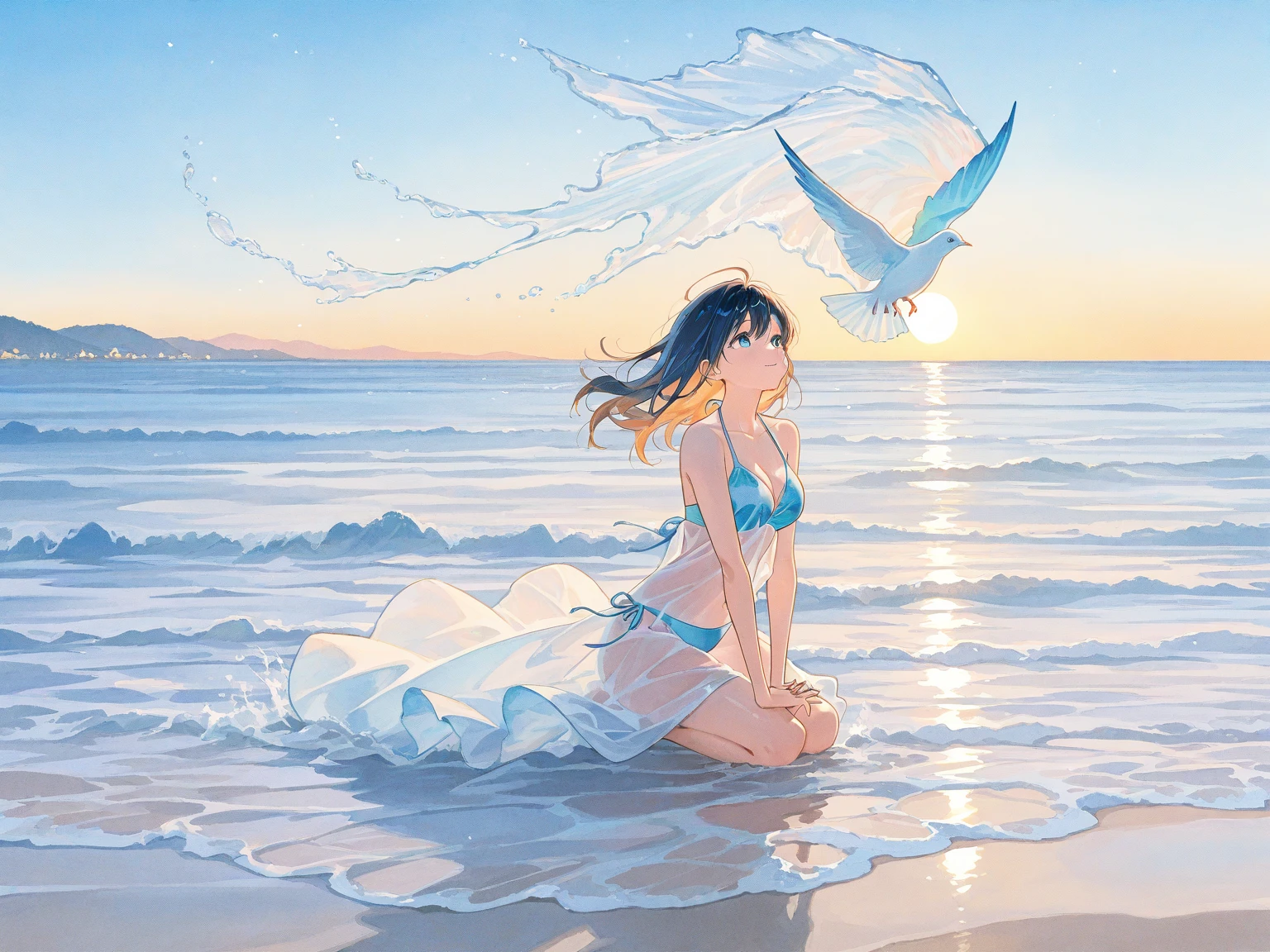 1 Girl, Seagull, Epilogue, Ocean, Bikini, Normal, Long Hair, Short Blue Hair