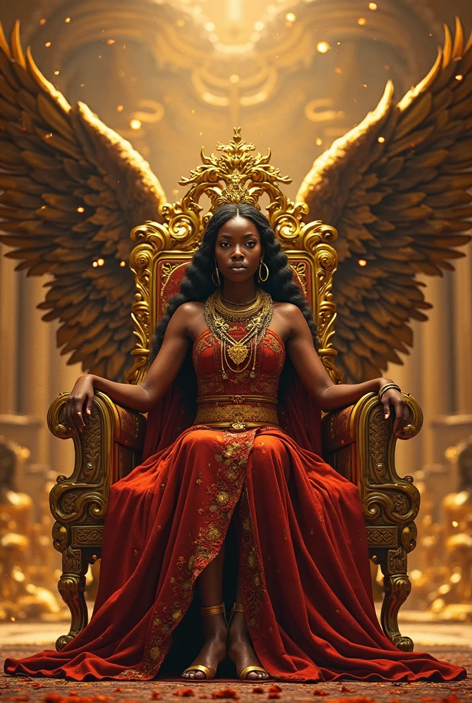 a woman in a gold outfit and a tiger, muscular warrior women, the smooth black lioness, queen, wakanda, epic 3 d oshun, Fundo wakanda, woman strong, skin lightskin black, dark skin female goddess of love, black panther, Warrior Woman, amazon warrior, posing for a fight intricate, trending in cgsociety, horned girl, devil horns, elf ears, cleavage, thigh, short skirt, sexy, wide black wings, golden Egyptian castle, golden egyptian outfit, sitting on golden throne, legs crossed, legs crossed seductively, sexy, looking down at viewer, down up view
