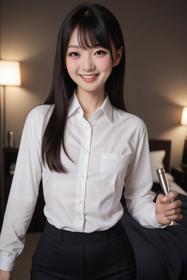 (Highest quality、Tabletop、8k、Best image quality、Award-winning works)、Cute school girl、(White polyester collared shirt:1.1)、(Navy Pleated Skirt:1.1)、Girl portrait photography、Glowing Skin、Standing Elegantly、(Perfect blurred school classroom background:1.1)、smile、Smiling with beautiful teeth、(Close-up of face:1.1)