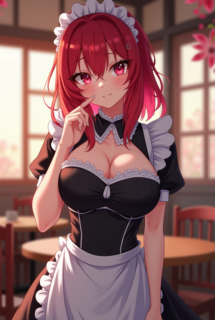 masterpiece, Best quality, arima_kana, Traditional maid, blush, Open mouth, looking_at_viewer, red_eyes, red_hair, short_hair, Solo, upper_body, Holding tray, Food, Blurred background, Restaurant, Chair, Indoors, Table, Window,(Masterpiece, Best Quality, High Definition), Kana Arima (Oshinoko\), Big Tits　Big breasts Lying bed