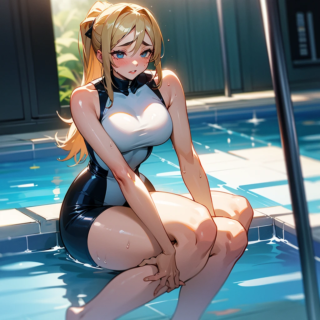 (best picture quality, 4K, high quality, masterpiece::1.2), ((masterpiece)), high detail, high quality, best picture quality, ((high quality, nsfw, showing armpits, embarrassed, spread legs)), nsfw, (long blond hair), cute, early teen girl in a competition swimsuit with pantyhose at poolside in the indoor pool, full body, loli, short height, medium breasts, bokeh, DOF, Portrait, evil grin, open stance, (cute illustration:1.2), high-resolution, ultra-detailed, best-quality, bare-shoulder,