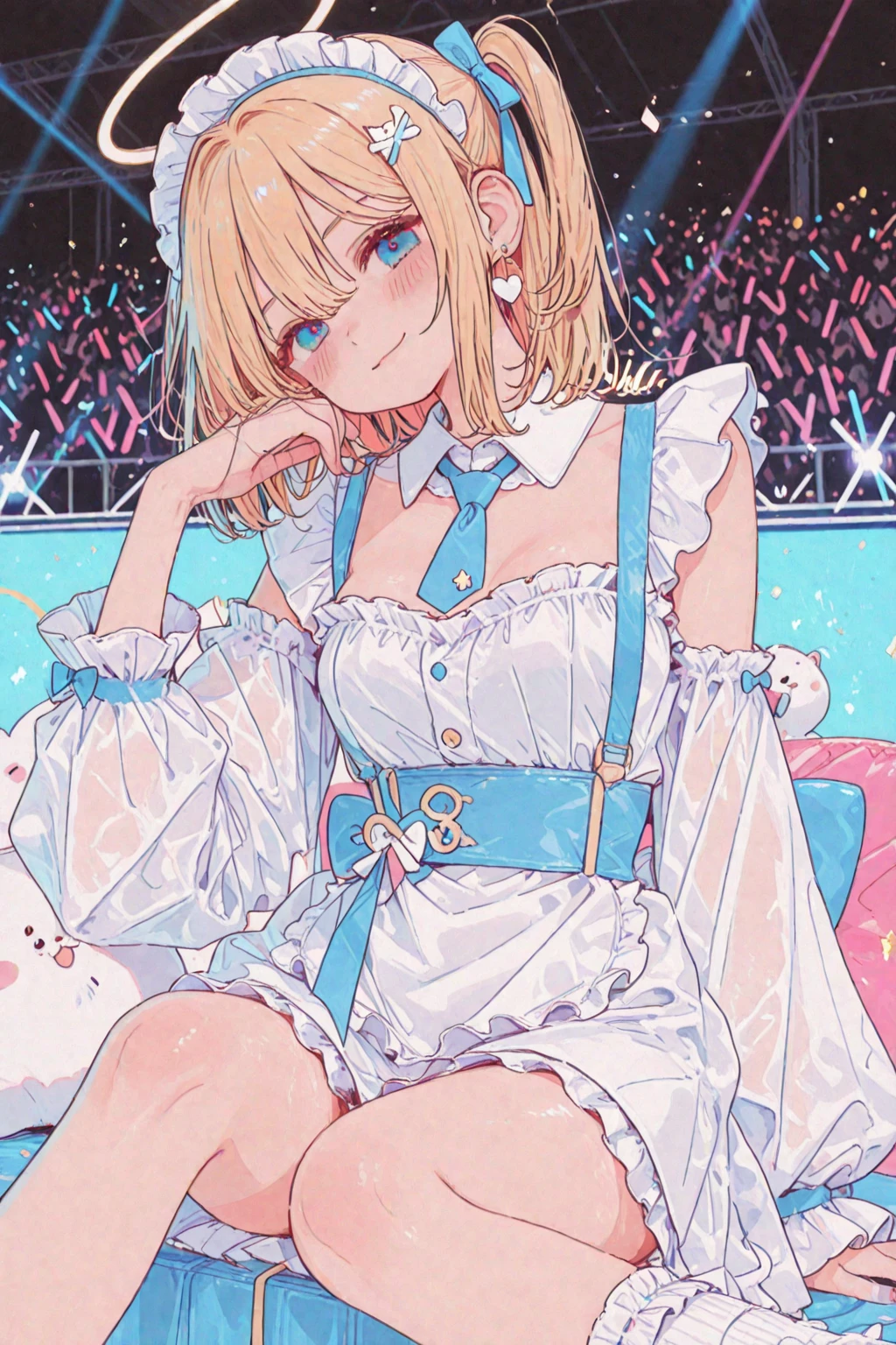 (masterpiece, highest quality:1.3), 1 cute girl, ideal ratio body proportions, blonde short hair, (black frilled mini skirt), puffy shoulders, bare arms, magic wand, (white cotton panties, 1 strange small animals:1.4), dynamic pose, night city, clothes covered nipples, 