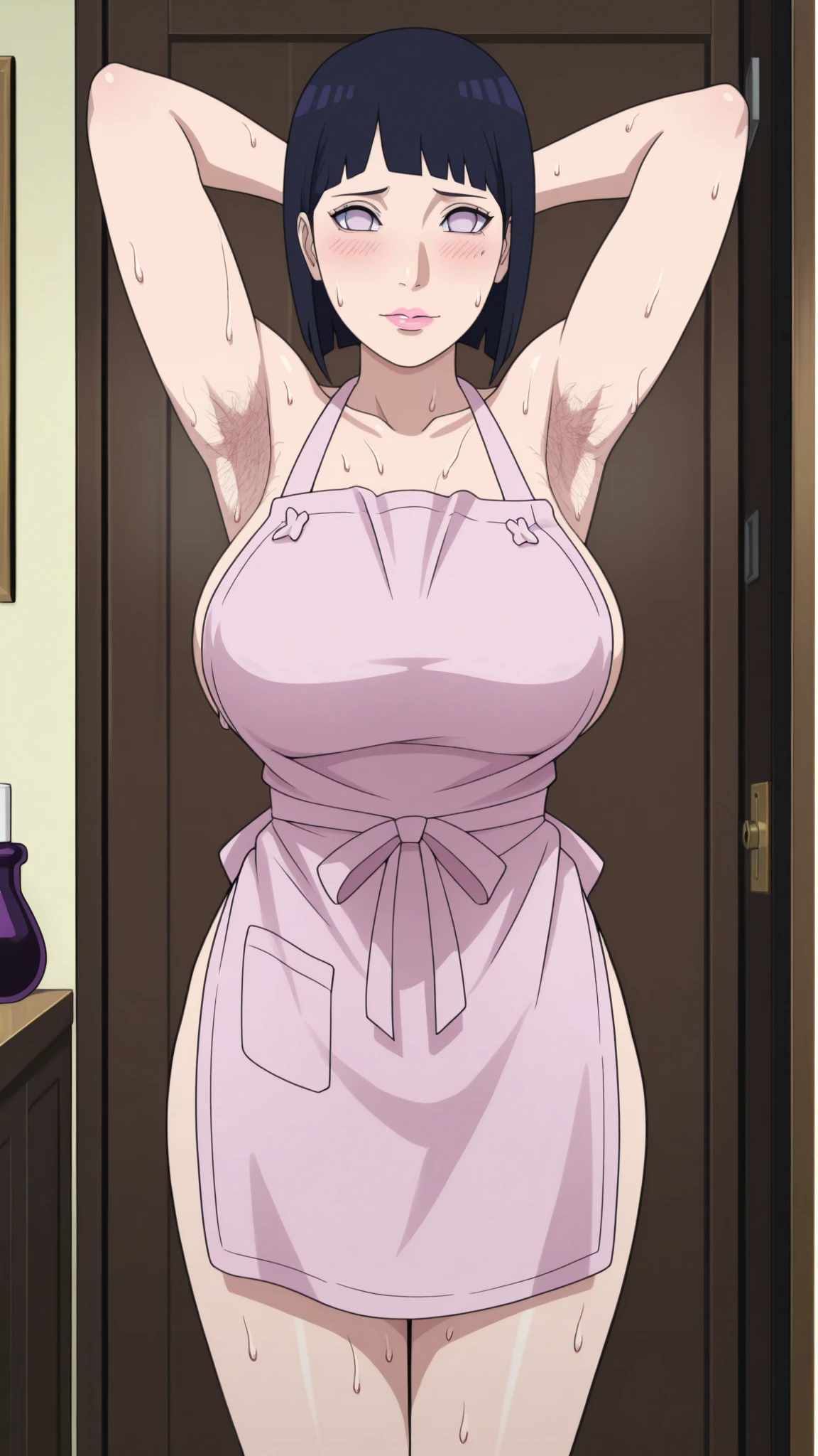 naked wearing white  apron only,, ((thick arm, little biceps)), , stretching , anime style, cute , beautiful , nice body, soft body, (hinata\(boruto\),  (slender body), mature woman , broad shoulders, off-shoulders, (naked wearing white  apron only,  bare arms, bare hands), smile, closed mouth, pale skin, , smile, (dark blue hair color:1.1), wavy hair, floating hair, ((very short hair, hime cut), big breasts,  (perfect eyes, white sciera, bright eyes, white eyes, anime eyes)