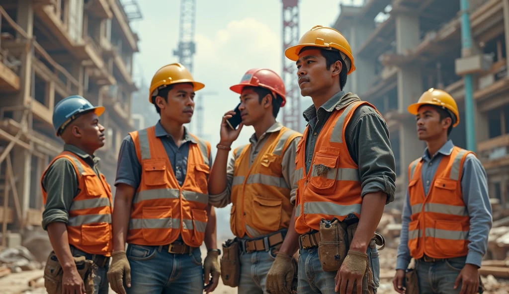 Workers on site, beautiful women, sweating, holding power tools, cool
