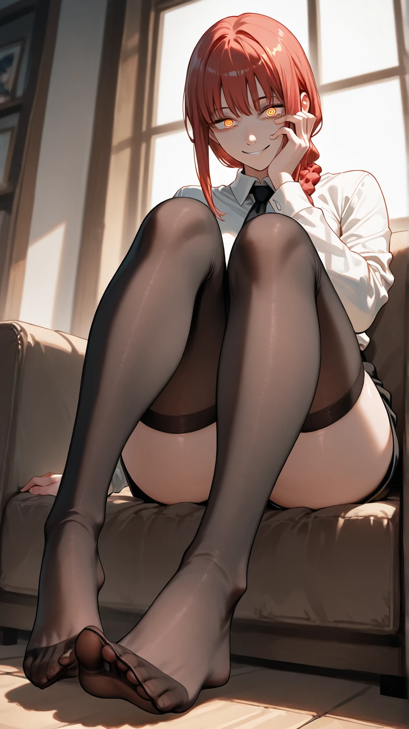 17-year-old girl with a slim body, solo, (full body from head to toe), small breasts, long messy hair, flushed expression, frontal composition, black pantyhose, (black pantyhose): 1.2) , black pantyhose, black stockings, black tights, toes, (white panties: 1.3), (no shoes), Office lady, uniform, white bra, white panties,Misaka Mikoto