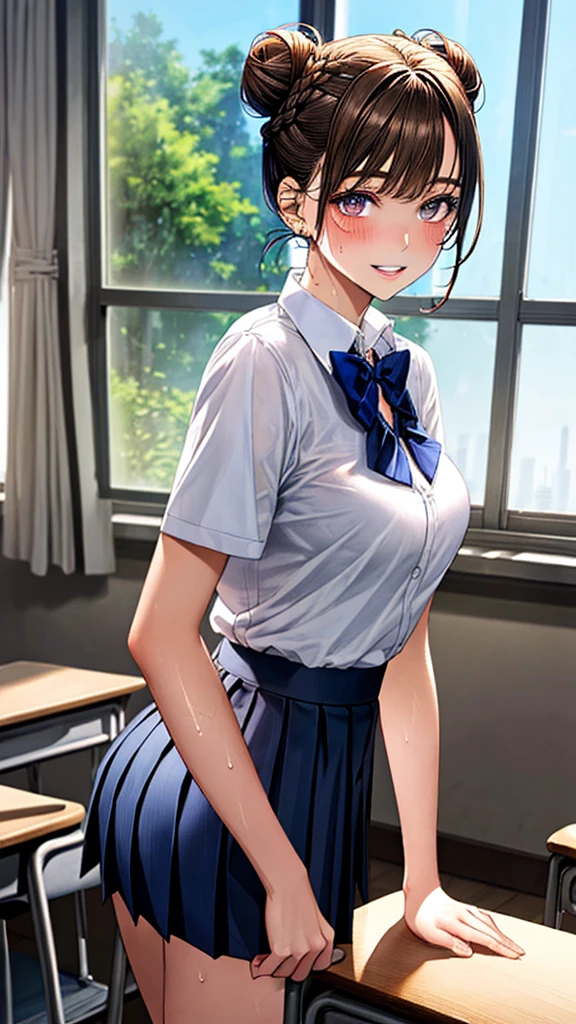 (best quality,masterpiece) thicc, 1 woman, modest breasts, wide hips, thick thighs, shy, ponytail, dark blue hair, narrow waist, blue jeans, white shirt,blue eyes,anxious,sweating, nervous,backview, looking at the camera, big fat ass, red ribbon