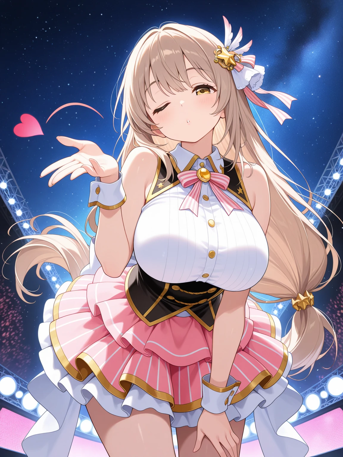 MiyanokoujiMizuho, long hair, very long hair, antenna hair, ahoge, brown eyes,, large breasts, live stage, solo, nipple