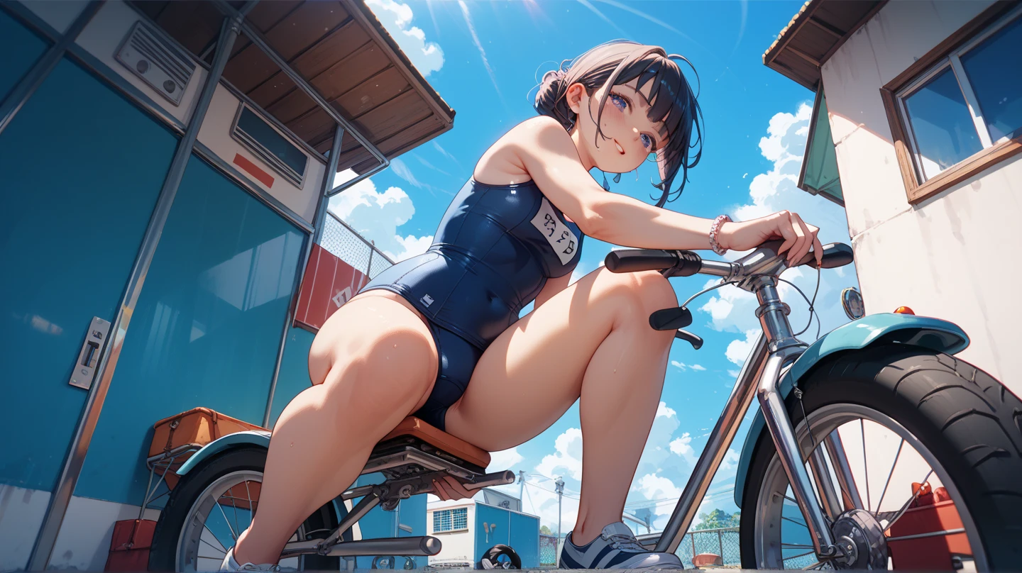 masterpiece, best quality,anime style, 1 girl,(((slender body))), (((small eyes,small breast,breast milk,breastfeeding a baby))),(((Jacket, Open your clothes, Open jacket, Blue jacket, ground vehicle, Sports Bra, bicycle,buruma))),(((((a monkey baby grabbing the girl))))),((((cum)))), (beautiful face), (((short twintail))), (((straight hair))), ((((black hair)))),detailed beautiful skin, (perfect hands, perfect anatomy)