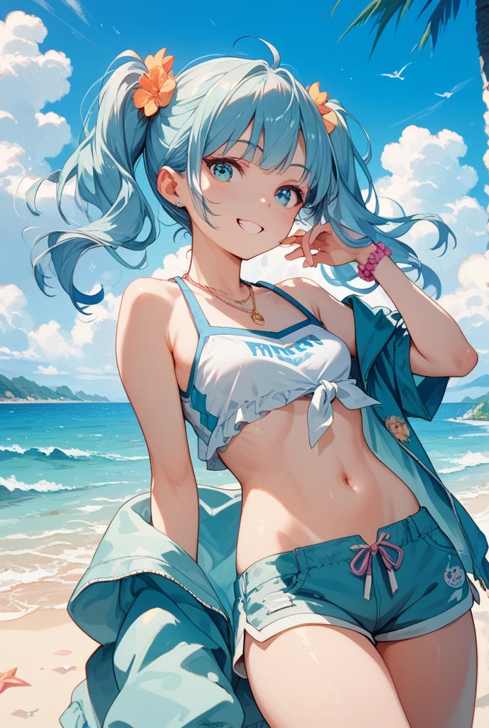 1girl, from behind, sexy smile, medium breasts, blue bikini, blue eyes, aqua hair, curly hair, open gray jacket, sea, masterpiece quality, ultra HD, 4K, best quality,