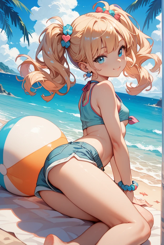 hosimiya ichigo,there is a drawing of an anime teen girl that is naked from her face to her ass, 1girl, swimsuit, cameltoe, solo, school swimsuit, one-piece swimsuit, outdoors, smile, blush, from below, breasts, wet, day, small breasts, covered nave, sky, looking at viewer,,