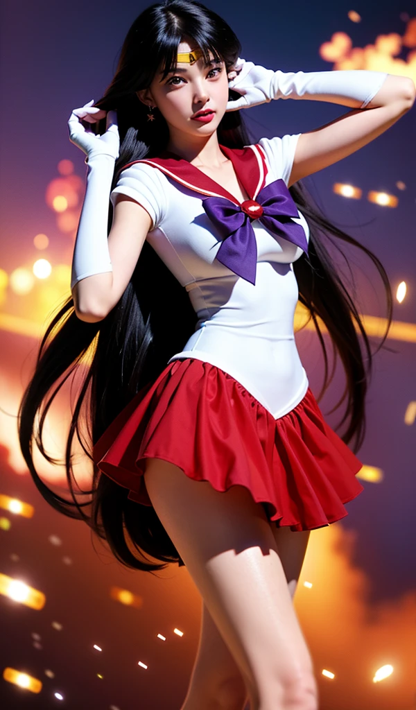 ((HD Realistic, SAMA1 Level)), Extreme Realistic, Masterpiece, Best Quality, High Resolution, SAMA1, Headwear, Sailor Sensi Uniform with Medium Chest, White Gloves, Red Sailor Collar, Red Skirt, Star Necklace, Elbow Gloves, Pleated Skirt, Bare Legs, Purple Bow, Standing, Space, Moon, Charming Smile, Stunning Beauty, Full Body Photo