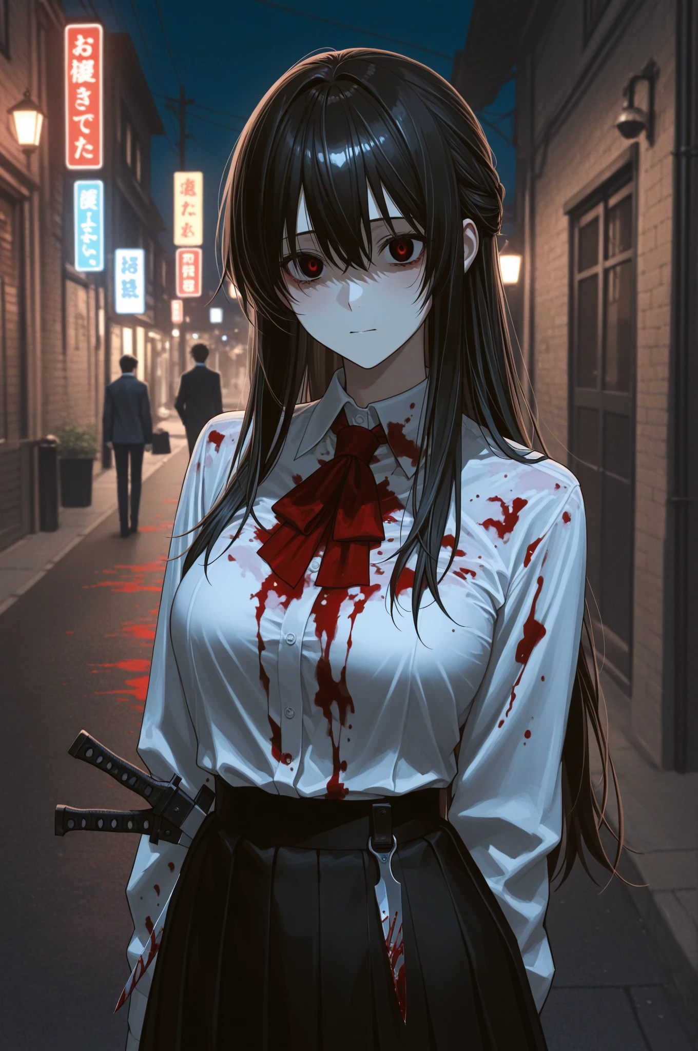 Living room Background, bloody, gore, school blazer, school uniform, surgical apron, medical gloves, surgical mask, 1girl, dark hair,