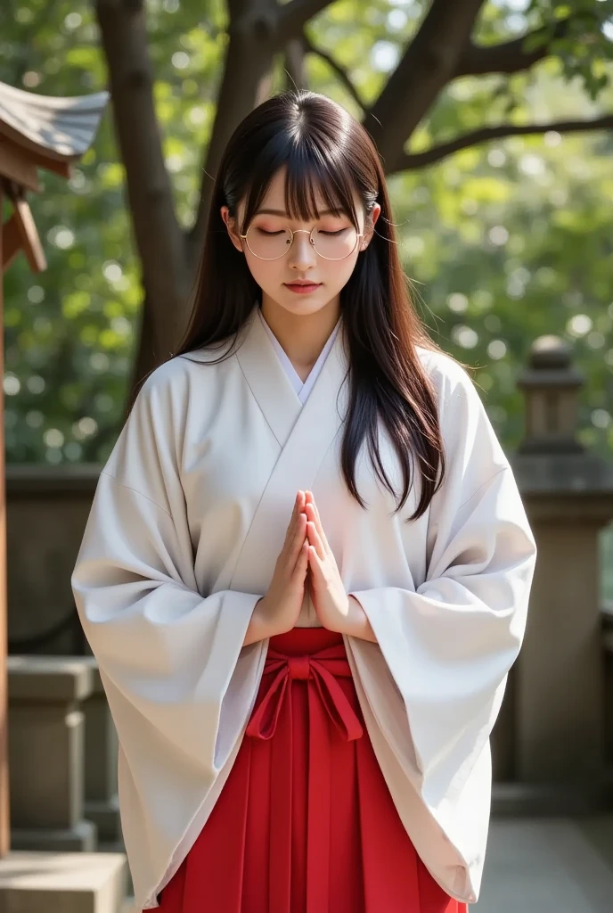 Shrine maiden　pray　front　god々Shii　Less exposure　Black haired adult woman
