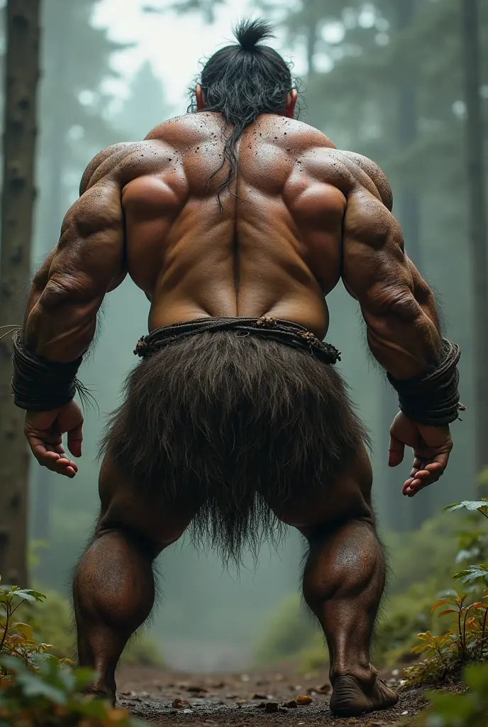 Naked muscular man with beard and 2 penises