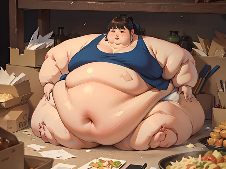 (masterpiece, best quality, highres, detailed, realistic:1.3), young woman, USSBBW, (morbidly obese:1.4), (fatblob), immobile, high aesthetic, on all fours, enthusiastic, cute smile, nude, messy, blob, surrounded by donuts, donut conveyor belt