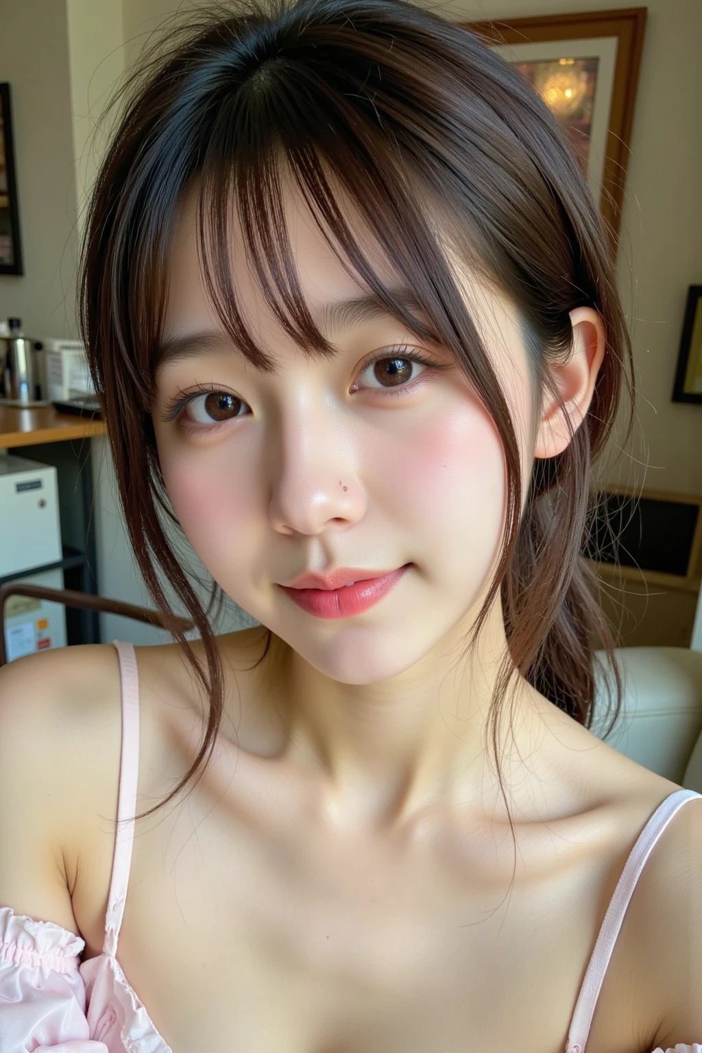 highest quality、8K、ultra high resolution、Super detailed face and eyes、Highly detailed face and skin texture、glowing skin、shiny skin、master piece:1.3、1 girl、super detail face、delicate eyes、double eyelid、full shot、short ponytail、20-year-old、brown hair、full body angle、((night、night景、nightの街))、smile、spring coordination、spring clothes