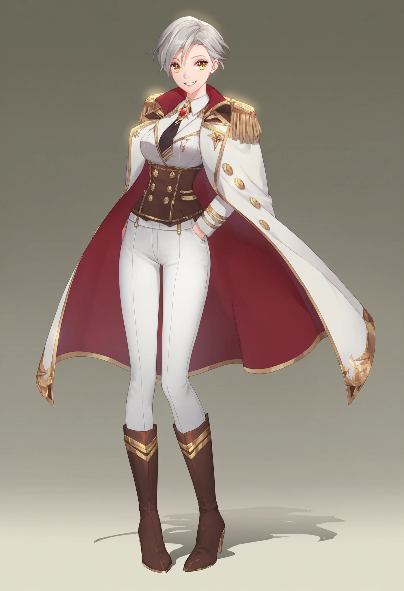 masterpiece, best quality, very detailed, , masterpiece, best quality, eyelashes, (Beautiful Eyes), cowboy shot,, Official webtoon Illustration, Official artwork, screencap,1girl,soloshort gray hair, shinny golden eyes,military uniform,red and black double-breasted jacket,gold trim,epaulets,decorative buttons,dragon emblem on the left side on jacket,a brooch at the collar,black ribbon tie,brown belt around her waist,white pants,dark knee-high boots , smile, full body