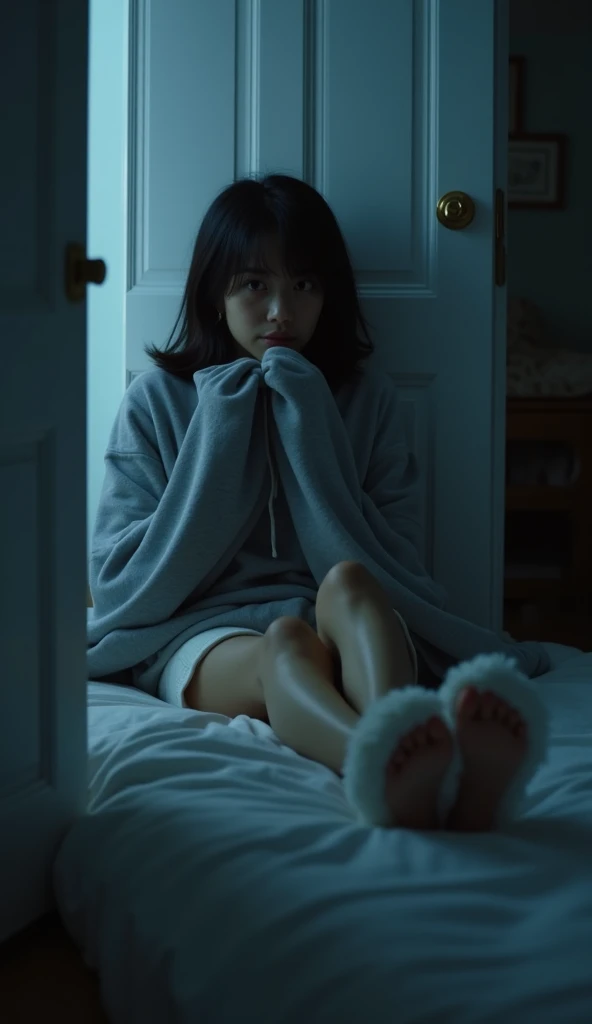 ((top quality, 8 thousand, masterpiece:1.3))   Sadako, long black straight hair,Pale and white skin, white snow, bloody white uniform, Dark spaces, dim lighting, television, 