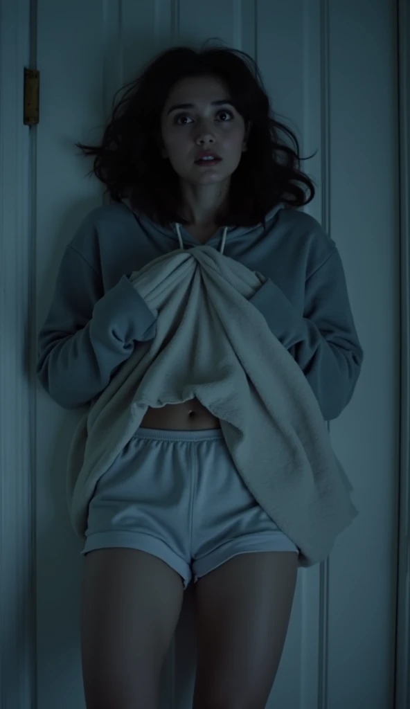 (body selfie), lying in bed, darkness, nightime, pink pjs, shorts, belly visible, crop top, fully dark, pitch black