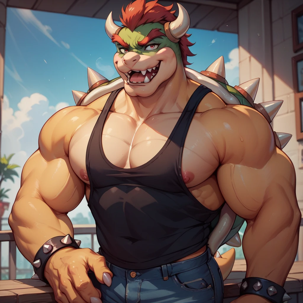Bowser. muscular. in military uniform shirtless. long pants, black combat boots. Black gloves. pubes . large penis. Masturbation. cum.