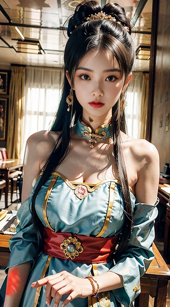 very beautiful, very big breasts, Teenage Korean woman wearing revealing hanbok, in the palace