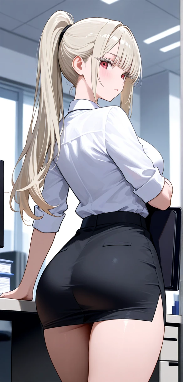 Senju Tsunade, ((Bimbo))), Long Blond Hair, cute smile face, Puffy lips, Painted lips, thick lips, wide hips, thick thighs, Huge ass, The face of craving desire , cleavage, mature mom, standing at desk, teasing, tight pencil skirt, guy is groping her ass, guy is grabbing her ass, ass being squeezed, view from side