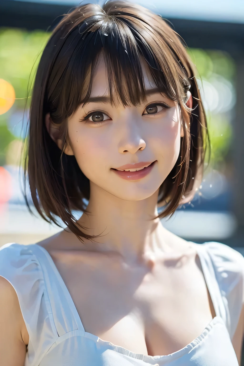 (highest quality:1.5)、(Realistic:1.5)、(1 person:1.5)、(Upper Body:1.5)、Very detailed、High resolution、8k wallpaper、、Small breasts、Natural color lips、Cute Smile、Japanese women、20-year-old girl、Beautiful and elegant face、Perfect and beautiful face、Big eyes、Brunette eyes、Beautiful and elegant face、Natural double eyelids、Natural Bangs、Beautiful thin nose、Beautiful Skin、Chestnut Hair、Medium Bob Hair、Short Hair、Natural Bangs、Perfect and beautiful face、Slim face and figure、(Looking at the camera with a cute expression)、Bright lighting、Professional Lighting、Forward lighting、Cute Smile、Clothes by Violet Evergarden、Violet Evergarden、Facing forward、Simple poses、Fair skin、slender、Glowing Skin、Beautiful Skin、