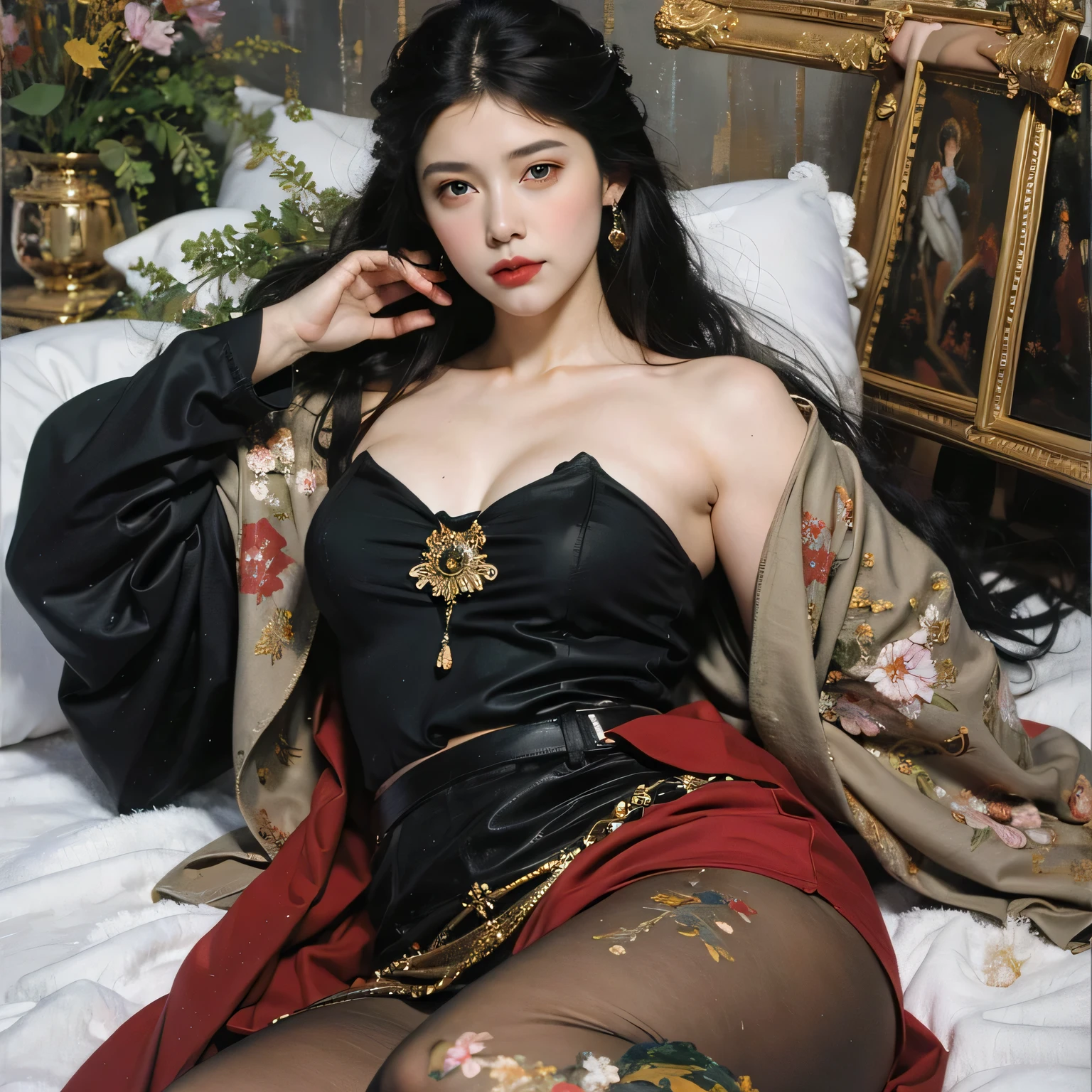 ((Shot in the knee)), ((from above)), ((satellite view)), ((Lying in bed)), (Ancient Bed), Antique, ((One hand playing with hair, Cover your chest with one hand)) Clear face, Pretty Face, 8K, masterpiece, original photo, best quality, detail:1.2,lifelike, detail, Very detailed, CG, Unity, wallpaper, Depth of Field, light, lens flare, Ray Tracing, (Extremely beautiful face, Beautiful lips, beautiful eyes), complicated, detail的脸, ((ultra detailed skin)), 1 girl, in the darkness, Deep Shadows, Beautiful Korean girl, Korean Idol,(Very slim figure:1.3), Full breasts, Large Breasts, Slender sexy legs, Very beautiful legs, Elegant Posture, (A bright smile), (City night, (Neon), (night), Beautiful Korean girl, White Diamond Earrings, Bracelet diameter, Deya Necklace, Clear eyes, (big eyes) Lace Bikini