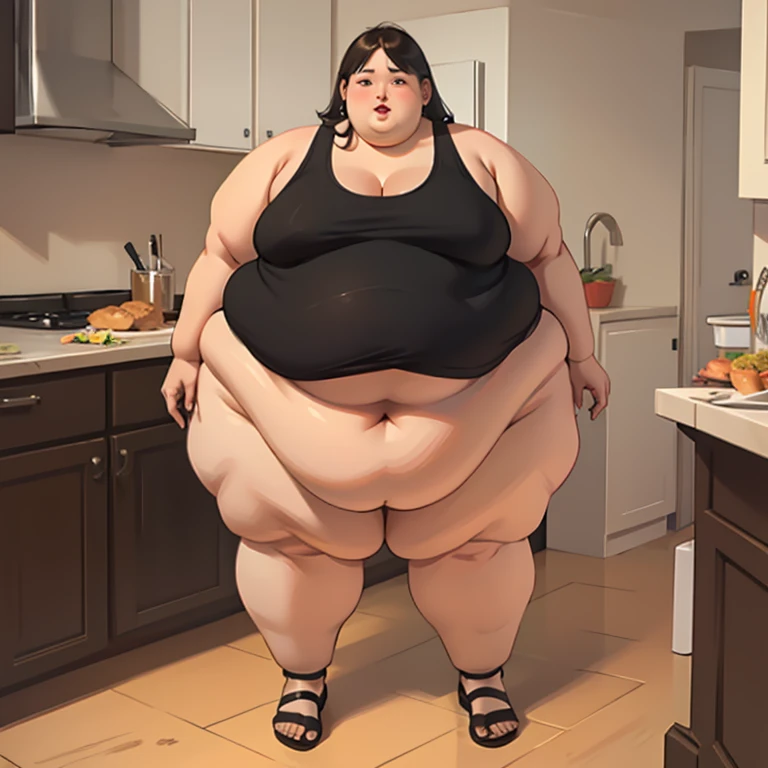 (masterpiece, best quality, highres, detailed, realistic:1.2), beautiful young japanese woman, (USSBBW), (morbidly obese:1.4), (fatblob:1.4), detailed face, beautiful face, high aesthetic, cute smile, nude, apron, messy kitchen, making cookies, gigantic belly, sagging belly,
