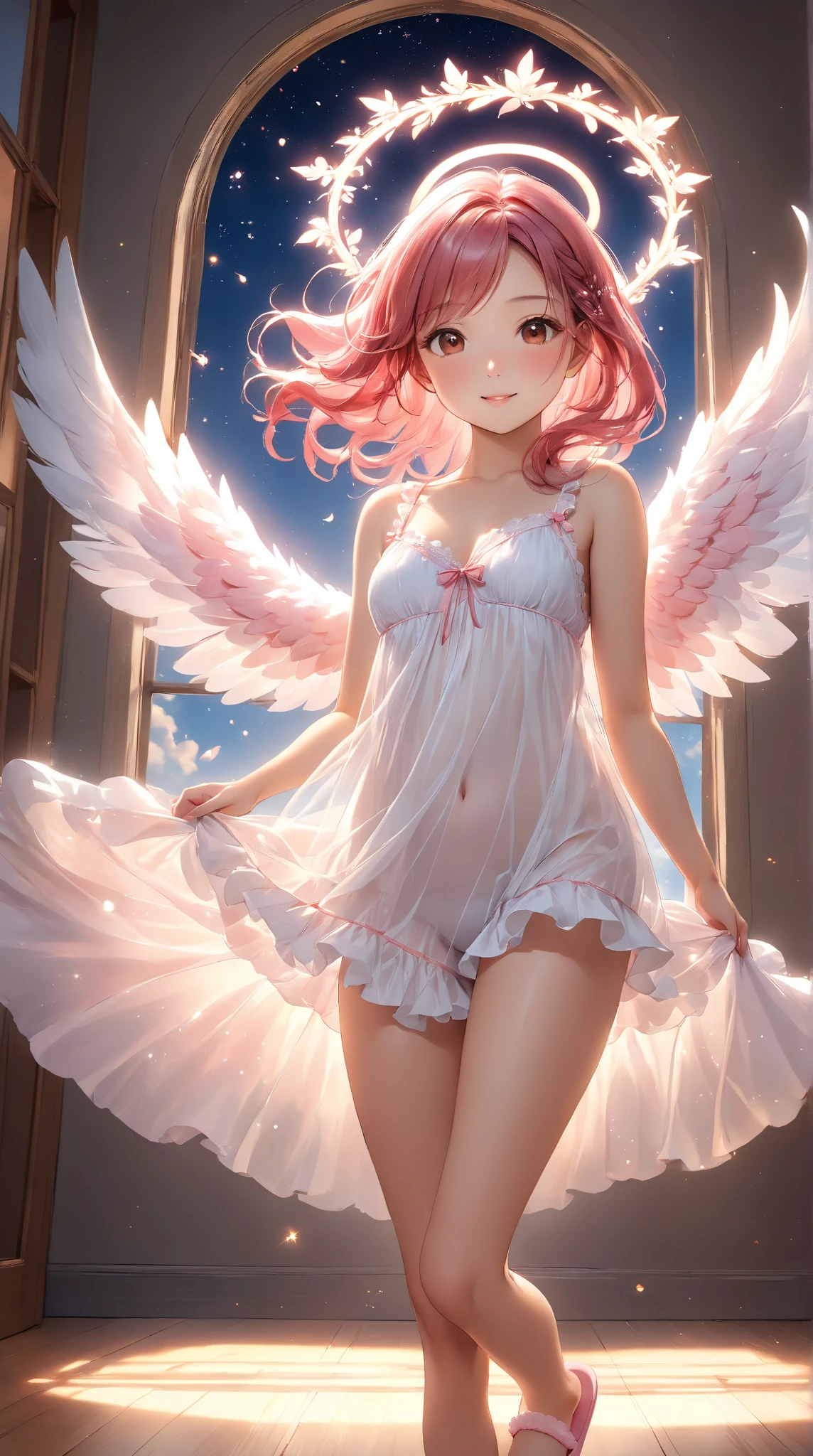 jeune femme, ange, bimbo, (grosses poitrine:1.4), cheveux roux feux, tenue sexy; dans un style anime, manga