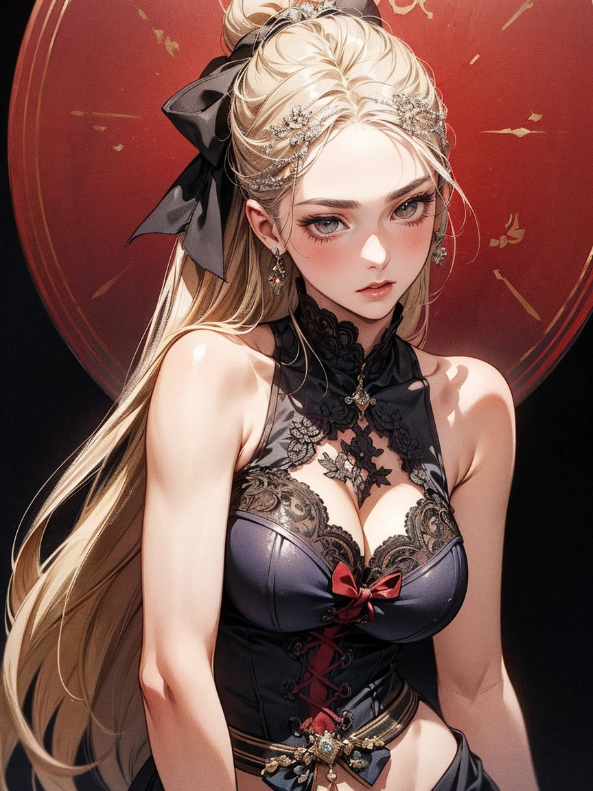 masterpiece, best quality, High quality texture, vampire, a realistic representation of the face, semi-realistic, long voluminous detailed gold hair, red eyes, light pretty floral bokeh, lace dress, volumetric lighting, runway fashion model