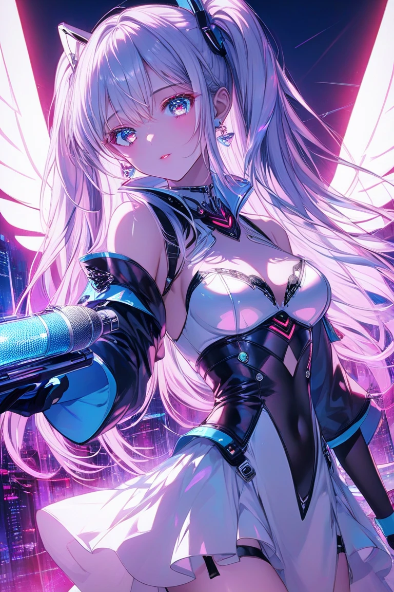 silber hair,long whitr hair,8k wallpaper,detailedbackground,Highest high resolution,deep v big breasts,Hair covers one eye,Bandeau,chies,angelicales,tight-fitting,stocklings,feater,Wings,Skysky,borgar,
