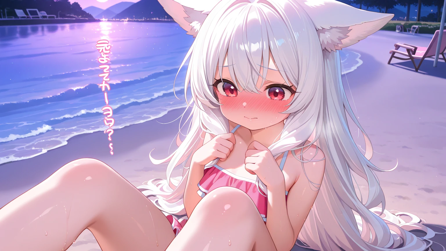(Masterpiece), (Top Quality Anime Illustration), (Super Definition), One Girl, Solo, Beautiful Girl with Silver Hair, Anime Loli, Cat Ear Loli, Petite, Cleavage Emphasis, Underboob, Side Boob, Thigh Emphasis, White Robe, Off Shoulder, Wet Sheer, Smile, South Island Sea, Water