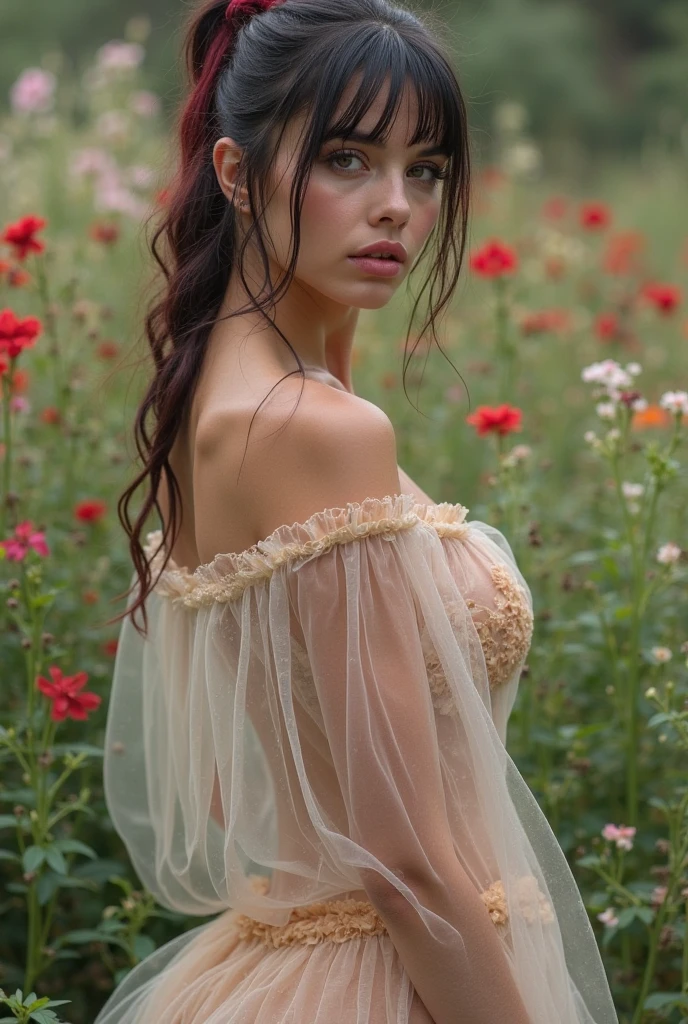((Rain, wet clothes)), Russian beauty, curvaceous figure, dark hair, thick long braid, Russian folk outfit, neckline, against the backdrop of a field of flowers, looking at the viewer, front view, sunlight passing through the hair, depth of field, bokeh