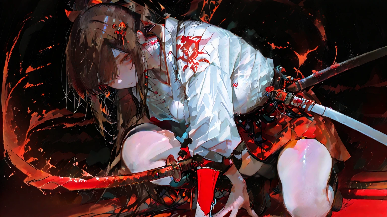 (((((roll up bandage sideways on a  chest tightly to cover the chest without gaps))))),  (((bandage samweways))),, ((Japanese Gangster BOSS)), adult woman with the dignified presence, Killing Qi, wear nothing around shoulder, wear nothing around neck, wear the kimono, wear it below the waist, I wind it up to control it, and to attach it,  ((kimono come off)) ,wear the kimono multiple times, Bare shoulders and the clavicle, black and gold kimono, put on over jacket of kimono, ((holding a japanese sword, The handle of the sword, long sword)), eye fire, low angle, whole body, anime character, Glaring, off sholder, Excellent, black blue hair, can see both shoulder, long kimono hem, small face, big tattoo on the arm,,muscular,drink sake, The kimono is spreading,ultra-detailed,super beautiful,Masterpiece,Killing Qi,Intimidation,zoom up, a person,Selfish person