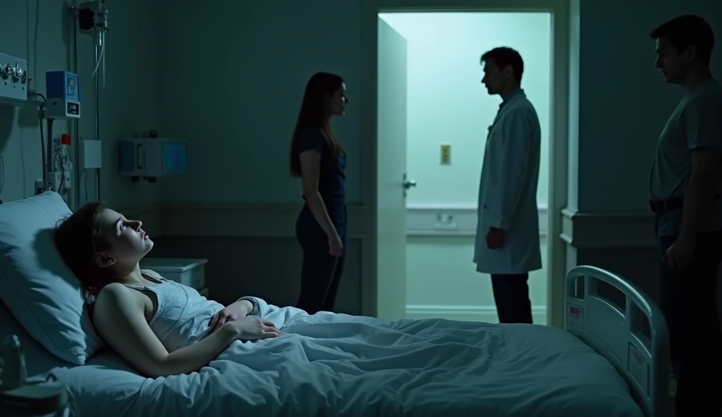 Create a photo of a woman lying on a hospital gurney looking at her family as they cry a lot holding her hand, add a man in black whose face you can't see coming out of the shadows in the corner of the hospital room