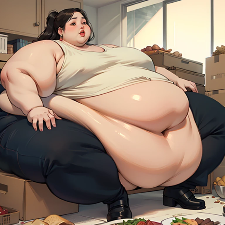 Naked, , long hair, blonde hair, panting, aroused, breathless, burping, overweight, fat, obese, immobile, massive belly, huge belly, big belly, round belly, fat belly, big boobs, big tits, breast expansion, huge breasts, massive breasts, biggest breasts, leaking milk, dripping milk, lactation, thick hips, fat hips, wide hips, wide body, round body, huge body, in a bakery, sitting at table, eating cake, lots of cake, dinner table, lots of candy, cakes, wearing choker, choker necklace,
