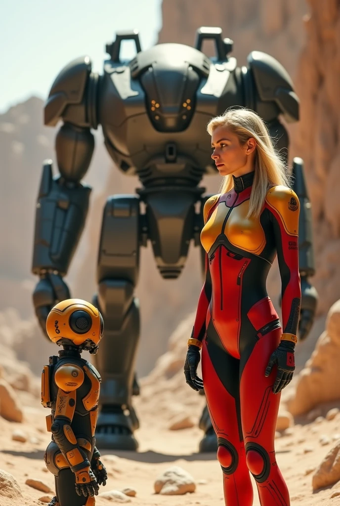 A futuristic scene featuring a sexy female character in a striking tight latex and metalic red bodysuit with orange accents, seated confidently on a container amidst a war-torn urban landscape, spreading her legs. Behind her towers a large, menacing mech, partially damaged, with visible mechanical parts and atmospheric debris. The sunlight casts dramatic shadows, emphasizing the details of the suit and the mech's structure. The environment reflects advanced technology and a post-apocalyptic vibe, with a blend of rubble and high-tech elements. The character's expression is determined and fierce, showcasing a blend of strength and vulnerability.
