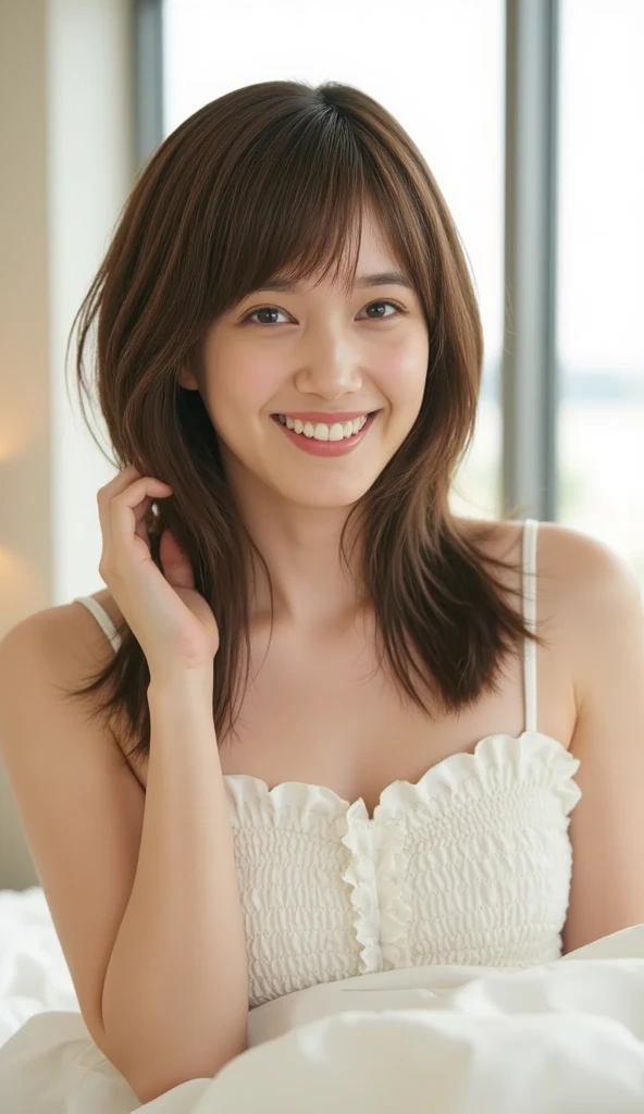 (midnight:1.4).Highest quality, 8K, Tabletop, Realistic, Realistic, , (窓からはLate Nightの大都会の夜景、Ample breasts:1.2), Big Breasts, , , Abundant hips, Detailed face, Beautiful Face, , Beautiful woman,((Gray detailed eyes、Translucent skin texture、A shy smile、Fluffy hair、Light Brown Hair、Big city view from the window、Shaggy Cut、Floating Hair、、Cute Japanese Idols:1.4)). (、short hair、Floating Hair、Parted bangs、Bedroom、Sit on the bed、Place your hands on your feet、Late Night、indirect lighting、Sheer white bra and panties、Ample breasts、Looking into the camera:1.2))