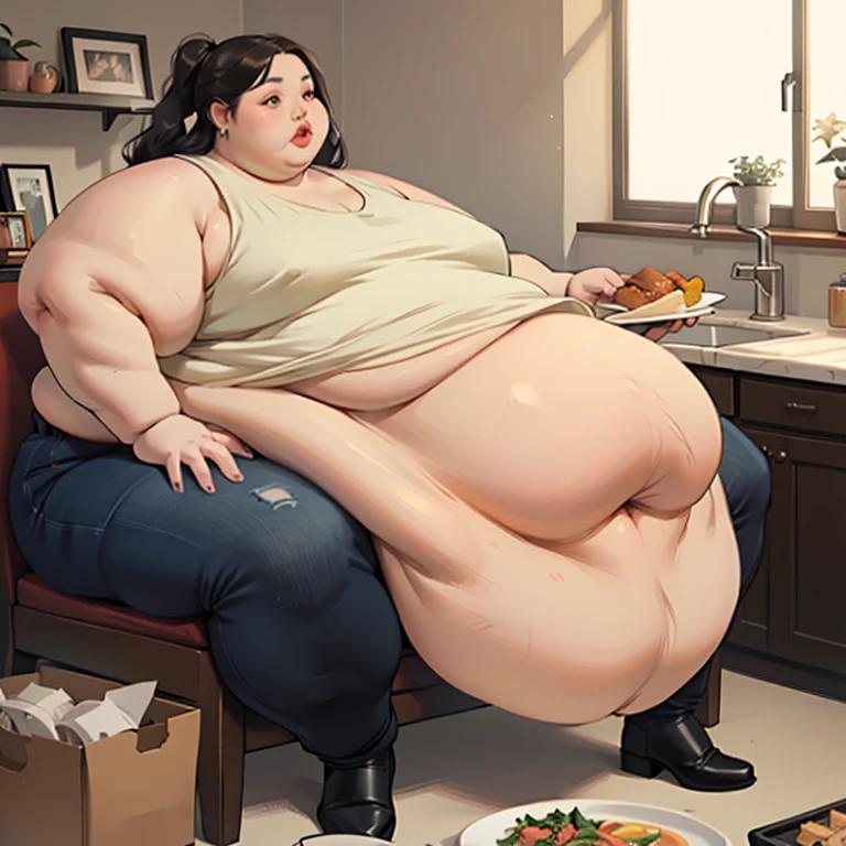 (Masterpiece, detailed, realistic:1.2), young black woman, (morbidly obese, fatblob, immobile:1.2), (detailed, beautiful face), fast food worker, pleased, satisfied