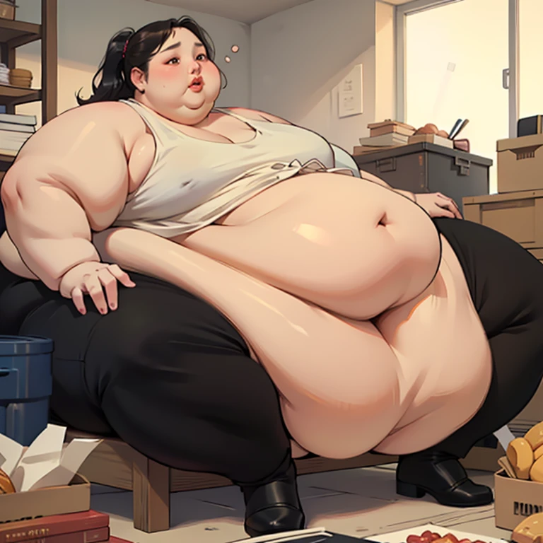 (masterpiece, detailed, realistic:1.2), young woman, USSBBW, (morbidly obese, fatblob:1.2), (detailed, beautiful face:1.2), side view, nude, sitting on chair, all you can eat buffet, judges panel