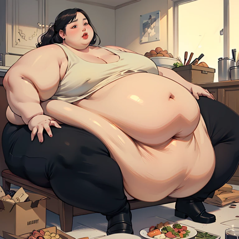 (masterpiece, best quality, highres, detailed, realistic:1.2), korean woman, young, teenager, USSBBW, (morbidly obese, fatblob:1.5), (gigantic belly:1.3), (detailed face, beautiful face), high aesthetic, eating junk food, panties, surrounded by concerned friends, restauraunt