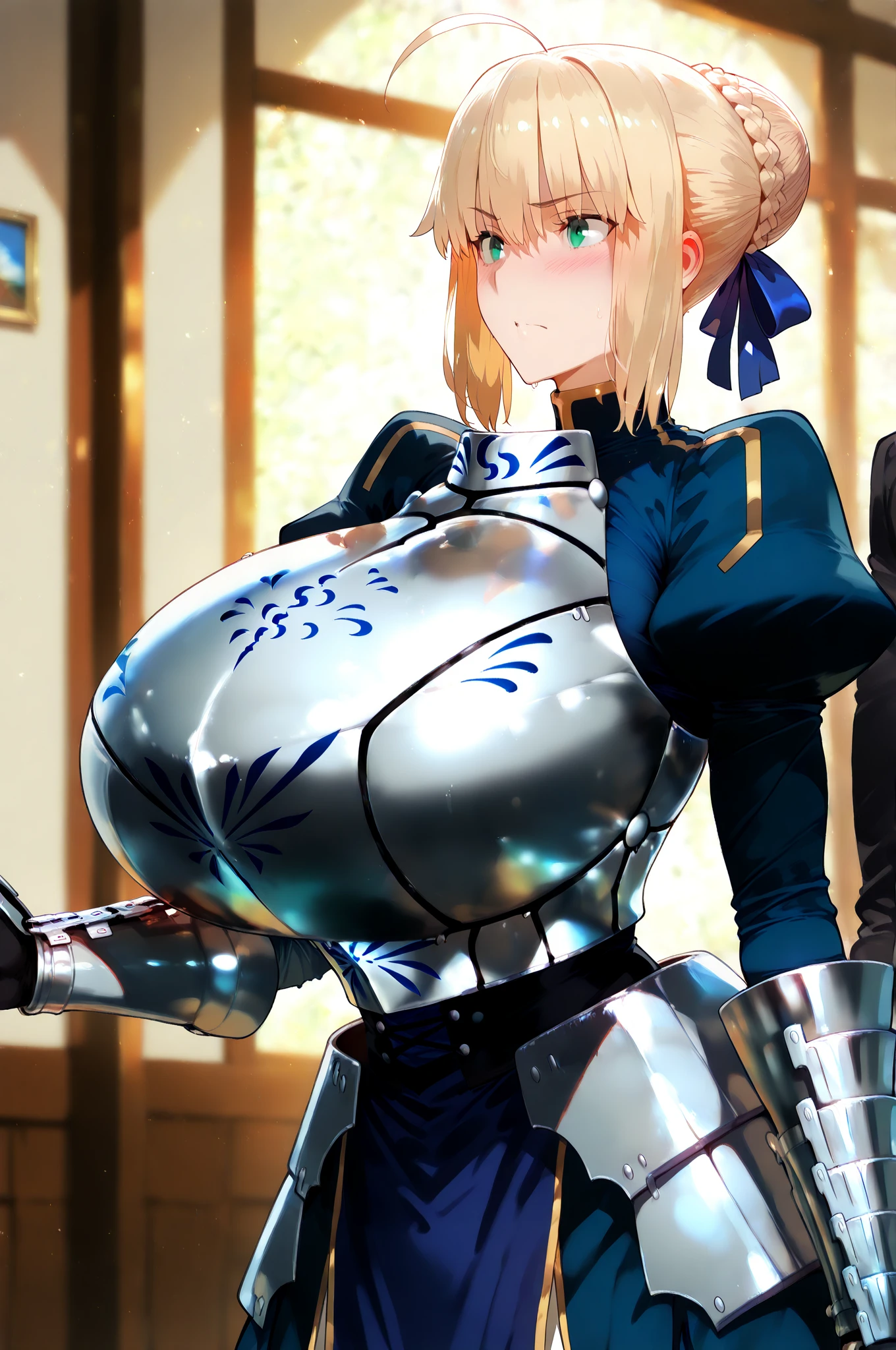(best quality:1.3), Artoria Pendragon by Gate, ((ahego)), busty, cleavage, seductive, sexy face, sexy, curvy body, big ass, big , (body suit), (city),