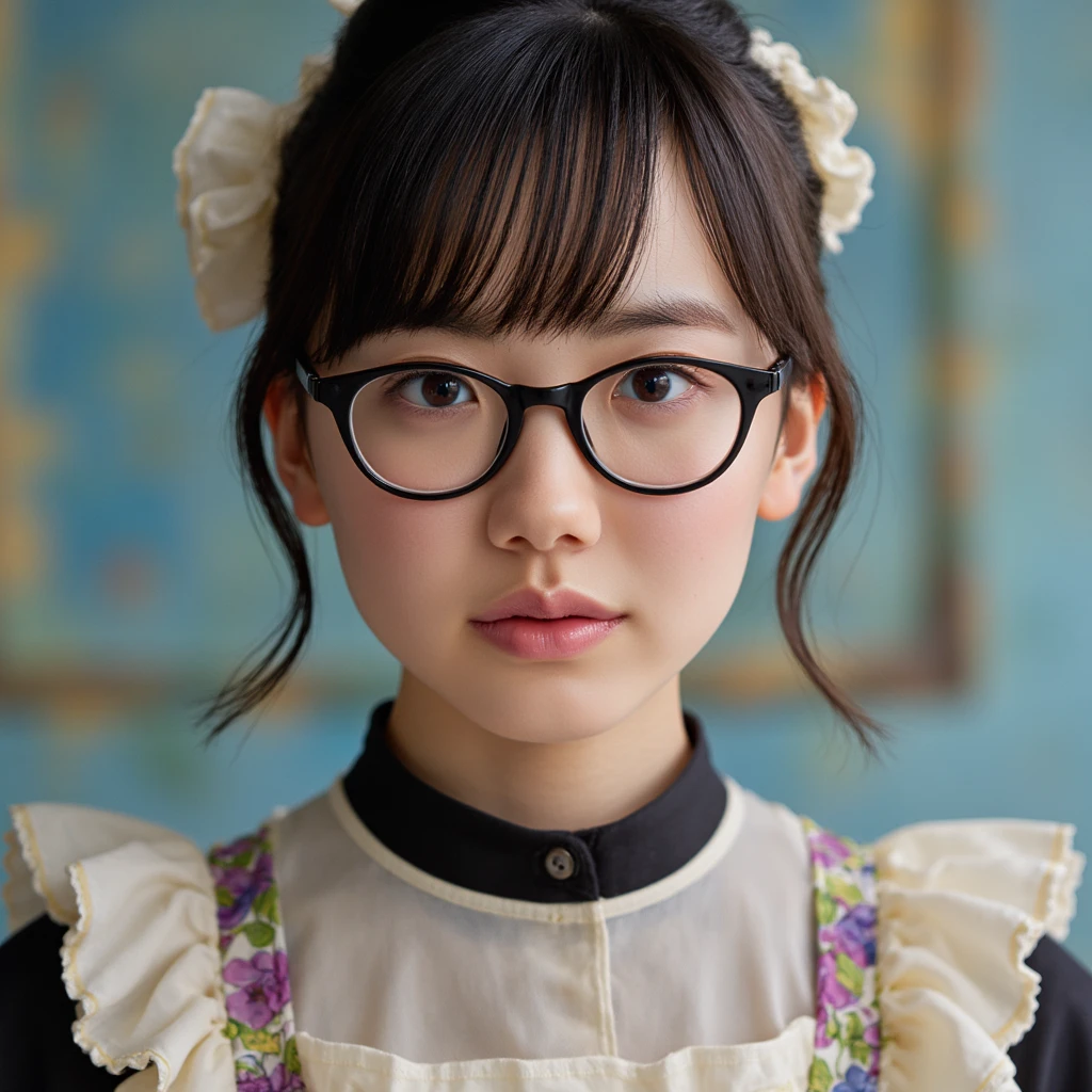 (masutepiece, Best Quality, Capture super cute moments, depth of fields, ultra-detailliert, Ultra High Resolution, C4D, Octadale, 3D Modeling, 8K, 16 K, one girls、a junior high school student、A dark-haired、short-hair、straight haired、Light brown eyes、hair adornments、wearing black glasses、kawaii faces)、a choker、a sailor suit、shortsleeves
